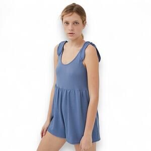 Urban Outfitters Women's Marlee Knit Tie-Shoulder Romper S Dusty Blue Ribbed